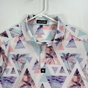 Bad Birdie Cali Golf Polo Shirt Mens Medium Pastel‎ Triangle Palm Print Stretch